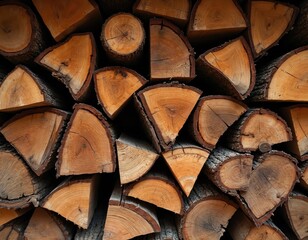 Neatly stacked cut logs for burning or smoking. Natural wood pieces form a textured background, useful for outdoor cooking or rustic decor themes. Ready fuel for heat.