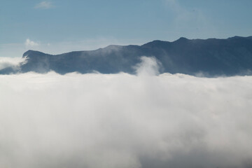 Fluffy white cumulus clouds against deep blue summer sky. Cloudscape view from airplane window. Cloud Dancer - Color of the year 2026.