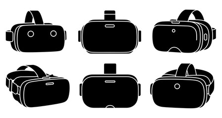 Set of six black virtual reality headset icons shown from various angles in a minimalist silhouette style for technology and gaming concepts