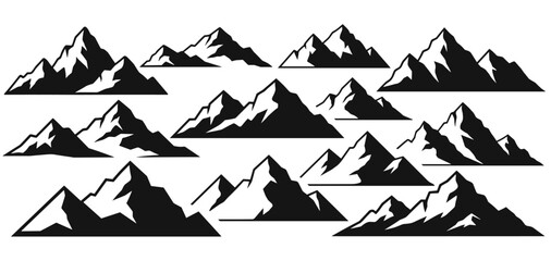 Fototapeta premium Set of black mountain range silhouettes with snowy peaks presented in a minimalist graphic vector style for logo design, adventure branding, and outdoor travel concepts