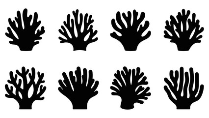 Collection of eight black coral silhouettes with various organic branching shapes, a minimalist graphic icon set for aquatic and underwater themes