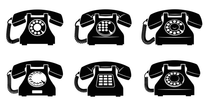 Six black retro telephone vector silhouettes with rotary dials and push-button keypads in a classic icon set representing vintage communication and nostalgic technology