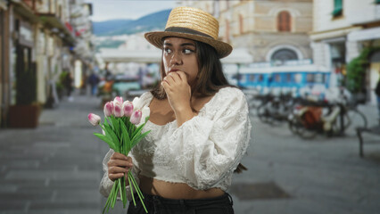 Woman holding tulip bouquet, fingers at mouth in nailbiting gesture on a cobblestone street by a tram and storefronts, wearing white lace blouse and straw hat; nervous longing.