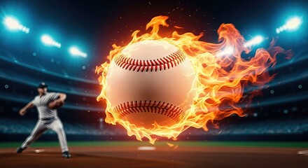 Blazing baseball hurtles with tremendous speed from pitcher's hand, flying across bright stadium field, showing intense game action and athletic power.