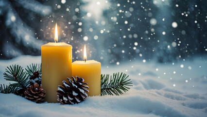 Lit Yellow Candles in Serene Snowy Winter Forest with Bokeh