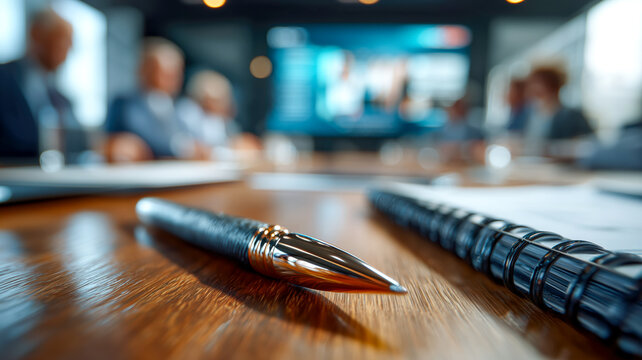 Focused pen and notebook lay poised on a conference table ready for business, strategic planning, and collaborative meetings.