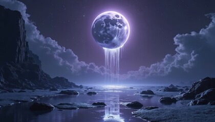 Fantasy scene shows glowing orb moon above alien ocean. Celestial body drips light into dark water. Rugged rocks, cliffs line strange shore under starry night sky. Cosmic mystery, wonder fills