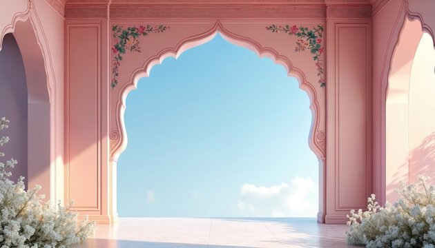 Pink ornate arches with floral motifs overlook clear blue sky. White flowers bloom on floor. Soft pastel building facade. Architectural detail. - Powered by Adobe
