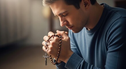 Devout young man deeply engaged in solemn spiritual prayer, holding a sacred rosary with a crucifix, seeking solace and inner peace through profound reflection and worship.