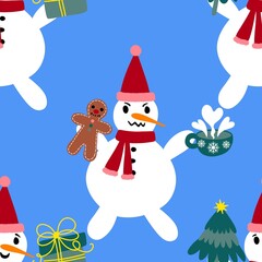 Christmas cartoon ice seamless snowman pattern for wrapping paper and fabrics