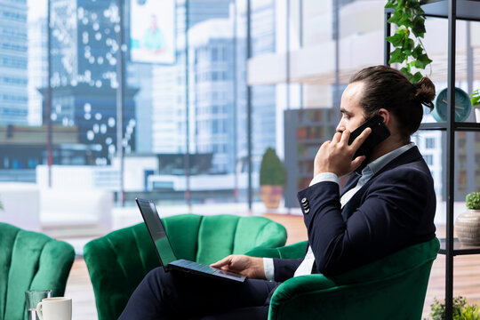 Corporate leader makes a strategic phone call to a shareholder and presenting monthly balance, analyzing financial decisions and showcasing the latest company developments. Stock strategy.