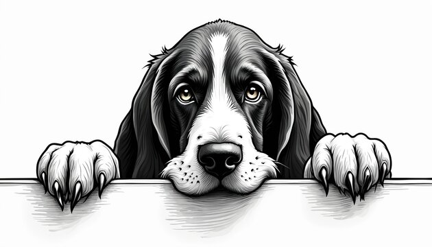 Cute Basset Hound puppy peeks over blank white banner. Dog holds onto edge with front paws. Funny pet looks forward with expressive eyes. Curious animal illustration provides empty copy space for