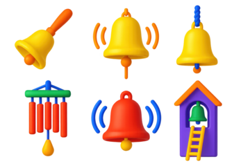 Vibrant Bell Icons. 3D icon set of bell ringing: handbell, clapper, rope pull, chime set, resonance wave, belfry ladder. A set of