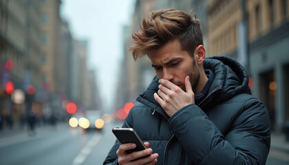 Young man looks at phone with hand over mouth on city street. He seems surprised by message received outdoors. Blurred city background with cars and buildings.