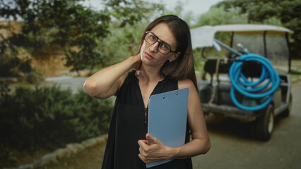 Woman holding clipboard and wearing glasses, hand on neck for neck pain on street near golf cart; discomfort work stress.