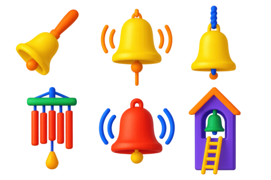 Vibrant Bell Icons. 3D icon set of bell ringing: handbell, clapper, rope pull, chime set, resonance wave, belfry ladder. A set of