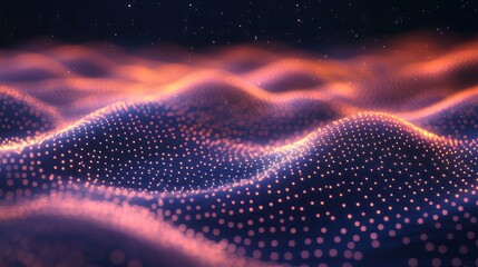 Stunning abstract cosmic landscape with vibrant glowing particles perfect for futuristic designs, technology backgrounds, and modern presentations