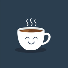Happy coffee cup with steam on a dark background