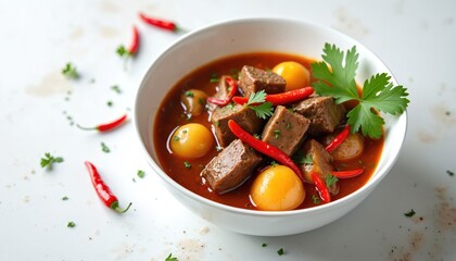 Hearty beef stew served in white bowl with chili peppers and potatoes. Rich red sauce, tender meat chunks, fresh parsley garnish. Delicious comfort food, perfect for winter meals.