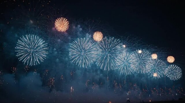 Vibrant fireworks exploding in night sky with colorful bursts of light