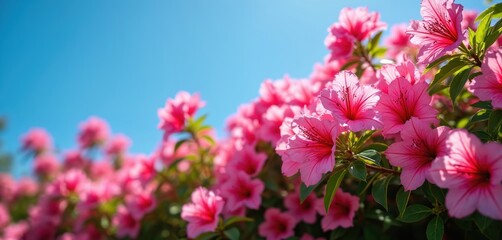 Obraz premium Pink azalea bushes bloom with vibrant flowers against a bright blue sky. Green leaves and pink petals create a beautiful natural contrast. Sunlight illuminates fresh spring flora.