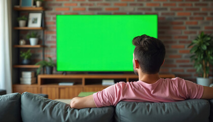 Man sits on couch watching green screen television mockup. He appears engaged with the program. Modern living room setting with brick wall and shelves.
