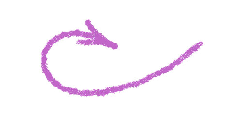 Hand drawn purple chalk swirl arrow with crayon stroke forms a unique pastel element. Icon with pointer style for modern concept, soft and artistic symbol, ideal for creative decor or template.