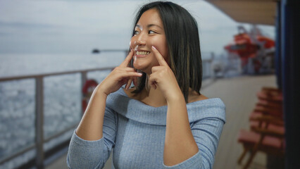 Woman on cruise boat enjoying sea view outdoors with a relaxed expression highlighting the serene seaside atmosphere captured beautifully on a bright sunny day.
