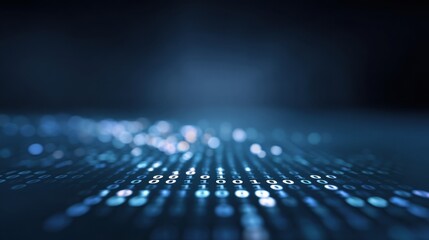 Abstract digital background with binary code representation and glowing dots reflecting modern technology and data processing in a dark environment