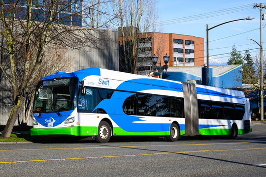 Everett WA, USA - November 30, 2025; Community Transit Swift bus by New Flyier Industries on Everett city street