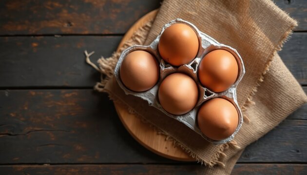 Brown eggs rest in cardboard carton on rustic wooden table. Burlap cloth covers container. Dark background provides ample copy space for text graphics. Image represents fresh food, wholesome