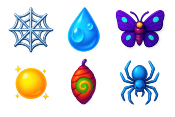 Mystical Icon Collection. 3D icon set of mystical threads: silver web, crystal dew, enchanted moth, glowing orb, magical cocoon,