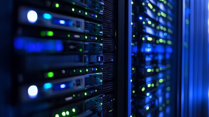 Powerful server room with glowing lights for data storage and network solutions, offering modern infrastructure and secure digital connectivity solutions