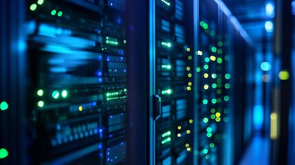 Powerful data center infrastructure with vibrant lights offers secure cloud solutions and reliable network connections for global technology demands