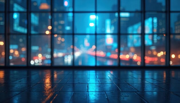 Abstract blue bokeh background captures dynamic city lights at night. Blurred urban energy shines through window. Wet floor reflects bright colorful light circles from downtown streets. Modern