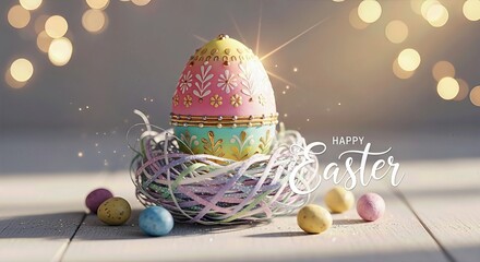 Festive Easter eggs in nest, holiday greeting card design, postcard, poster, flyer with bokeh lights, celebration and joyous design.
