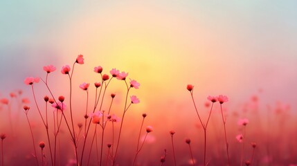 Naklejka premium Serene Landscape of Delicate Pink Flowers Under a Soft Colorful Sunset in a Dreamy Atmosphere of Nature's Beauty and Tranquility in the Evening Light