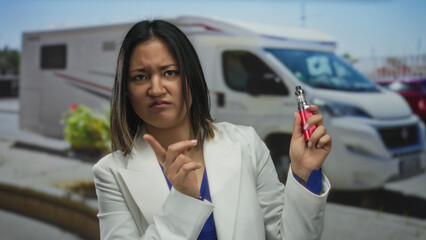 Woman vaping outdoors while gesturing no in an urban street setting with vans in the background,...