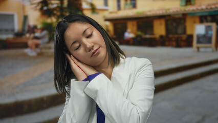 Woman outdoors on urban street in city center resting peacefully against stairs in casual wear.