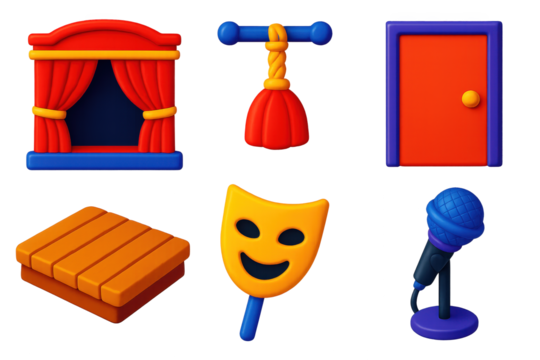 3D Theater Icons. 3D icon set of theater stage: stage arch, curtain rope, backstage door, wooden floor, actor prop, microphone