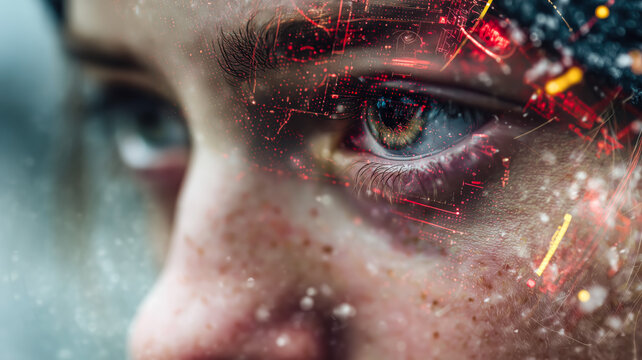 Close up of a person's face with digital overlays creates a futuristic and technologically advanced feel. Focus on eye and complexion. - Powered by Adobe