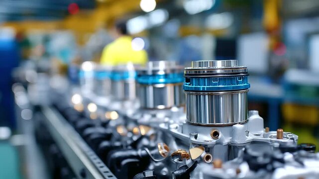 Production line engines, factory assembly view, detailed car motor arrangement, manufacturing process display, automotive industry scene, mechanical component rows, defocused facil