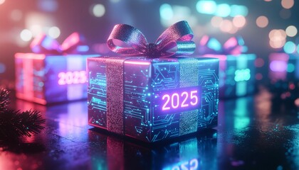 Futuristic 2025 New Year Gift Boxes with Glowing Neon Digital Circuit Patterns and Bokeh Lights