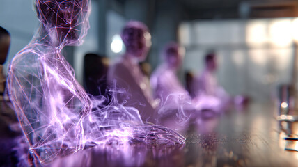 A holographic figure sits at a meeting, representing the future of business and digital collaboration in the workplace.