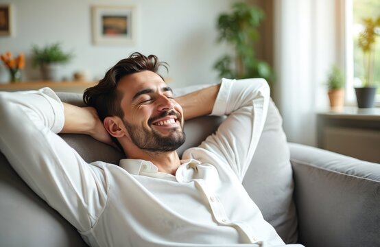 Smiling man rests with hands behind head on comfortable couch at home. He closes eyes, feeling happy and relaxed after work. Peaceful indoor scene shows casual lifestyle and self care.