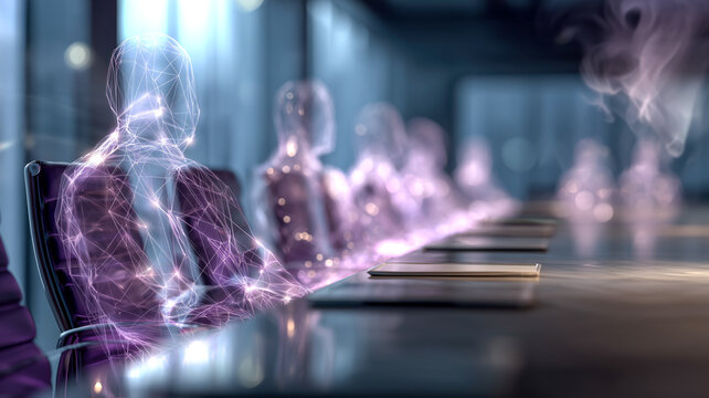 Virtual reality in a conference room, where digital avatars attend a business meeting, exploring the tech-driven future of collaboration.
