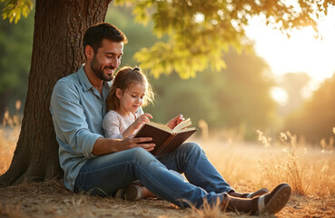 Father, daughter read book in nature park. Man, kid sit by tree, learn together, share happy moment. Golden hour sun shines on smiling family. Dad teaches child outdoors, enjoys precious time in