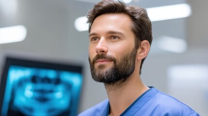 Confident healthcare professional in scrubs thoughtfully considers medical imaging results in a modern hospital environment focused on patient care