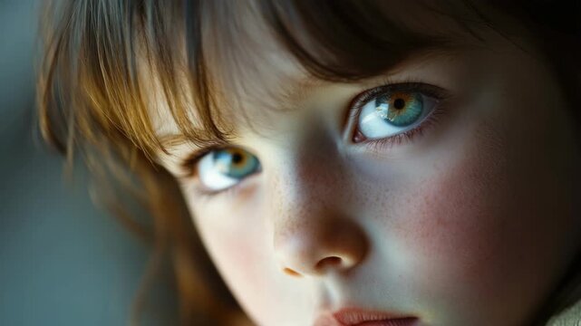 Young girl with freckles and hazel eyes looking down