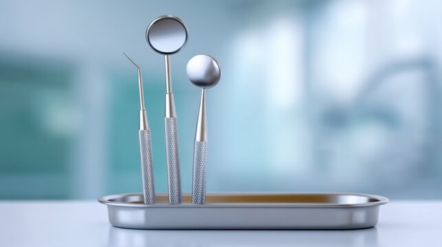 Professional dental tools arranged neatly in a stainless steel tray, showcasing mirror, scaler, and probe against a blurred clinical background. - Powered by Adobe